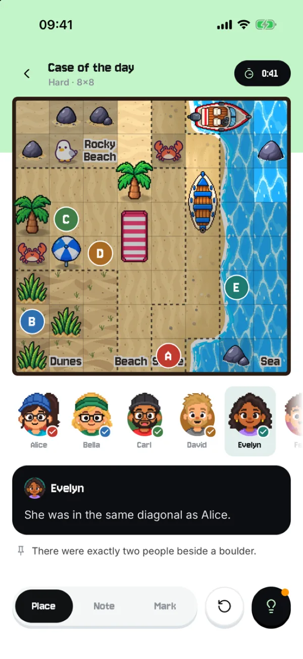 A beach board with five suspects placed and Evelyn's statement